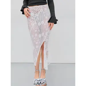 Cider [size 2-10] Lace Mid Rise Floral Split Hollow Out Maxi Skirt