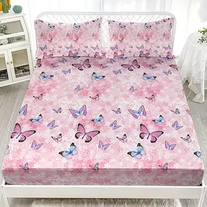 Butterfly Pattern Bedding Set, Includes 1 Fitted Sheet and 2 Pillowcases, Polyester Material, Digital Print, All Seasons Use