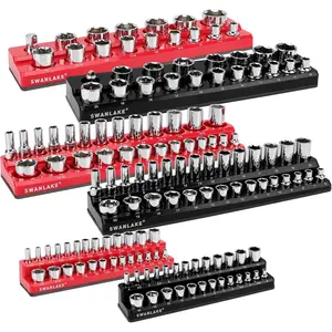 6-piece Magnetic Socket Organizer Set, Metric & SAE Drive Socket Holder, Includes 1/4", 3/8", 1/2", Red Black Magnetic Trays Holds 143 Pieces