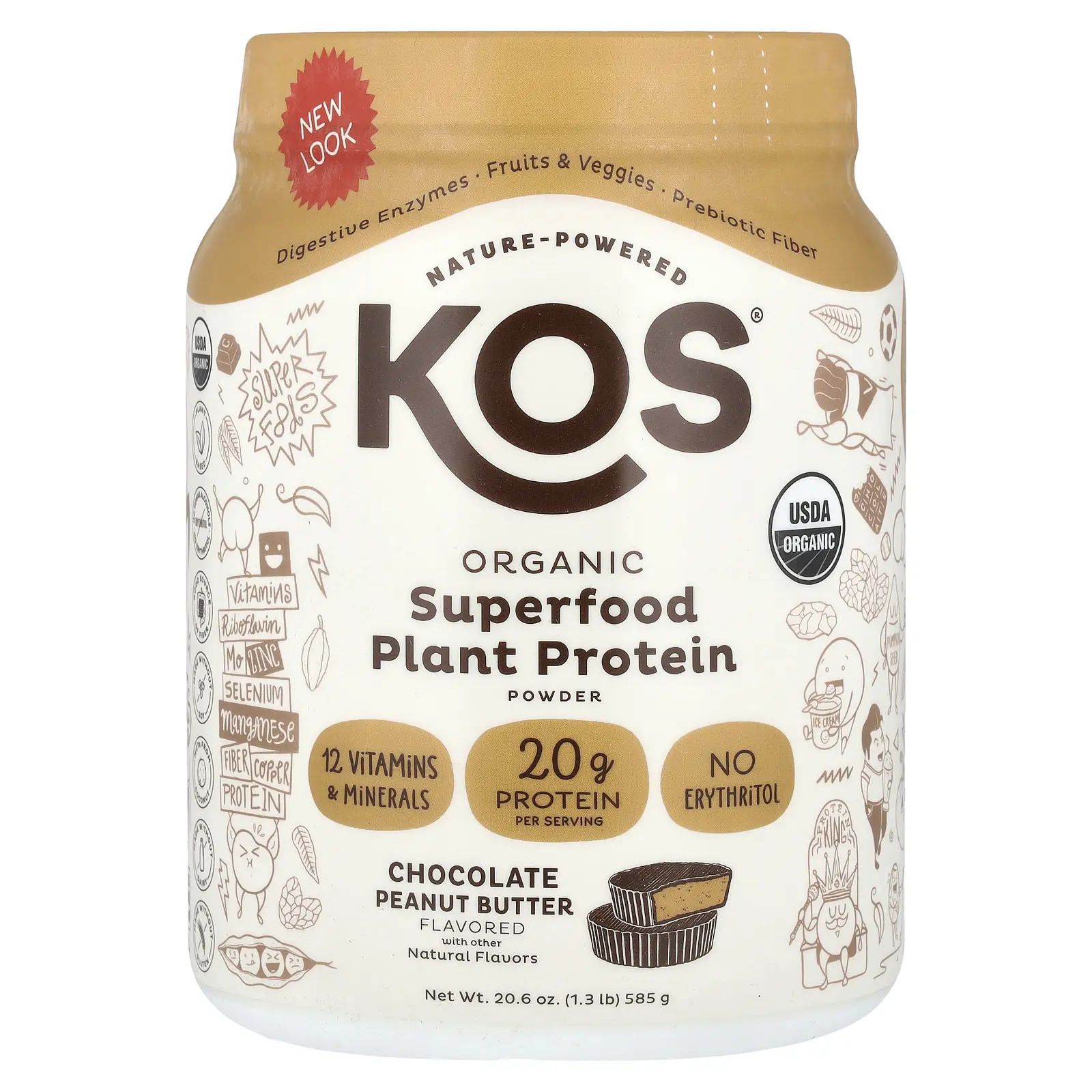 KOS Organic Superfood Plant Protein Powder, Chocolate Peanut Butter, 1.3 lb (585 g)