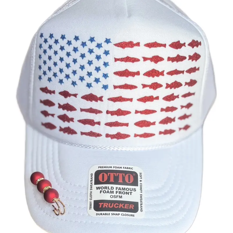 Otto Brand Flag Fish White Trucker Hat with American Flag Design and Durable Snap Closure for Personalized Style