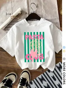 Women's Pastaa Club Round Neck Graphic Tee, Fashion Casual Striped Printed Short Sleeve T-shirt for Daily Wear, Ladies Summer Clothes, Top, Streetwear, Womenswear