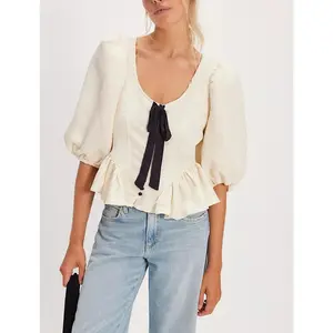 White Puff Sleeve Blouse Women's Fashionable V Neck Puffed Sleeves Top with Tie Front