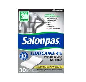 Salonpas Lidocaine 4% Pain Relieving Gel-Patch, 30 Patches for Temporary Relief of Pain For Your Back, Neck, Shoulders, Knees and Elbows