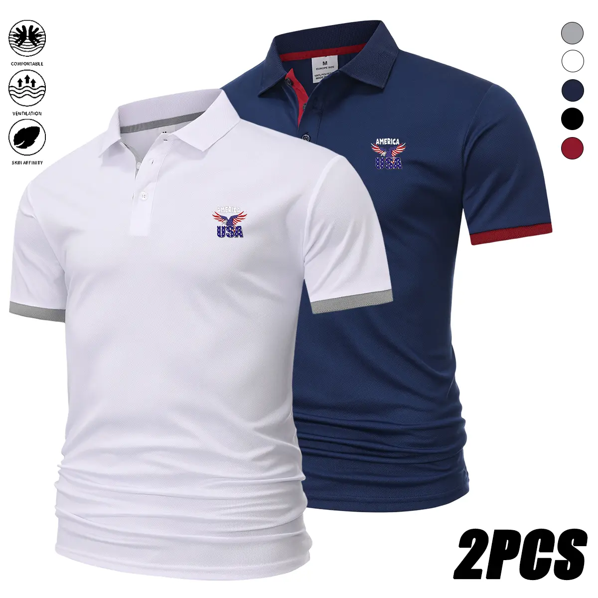 Men’s 2-Pack Slim Fit Menswear Polo Shirts - Short-Sleeve, Turn-Down Collar, American Eagle Flag Print, Contrast Cuffs, Button-Set, Breathable, Cool-Feel, Skin-Friendly, Quick-Drying, Moisture-Wicking Golf & Business Casual Tops, Shortsleeve