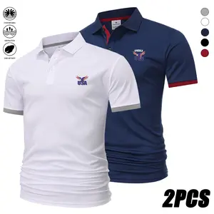 Men’s 2-pack polo shirts for summer with a turn-down collar and short sleeves, featuring an American eagle flag print and contrast cuffs. Breathable, skin-friendly, quick-drying, moisture-wicking golf, business casual tops with a slim fit, lightweight des