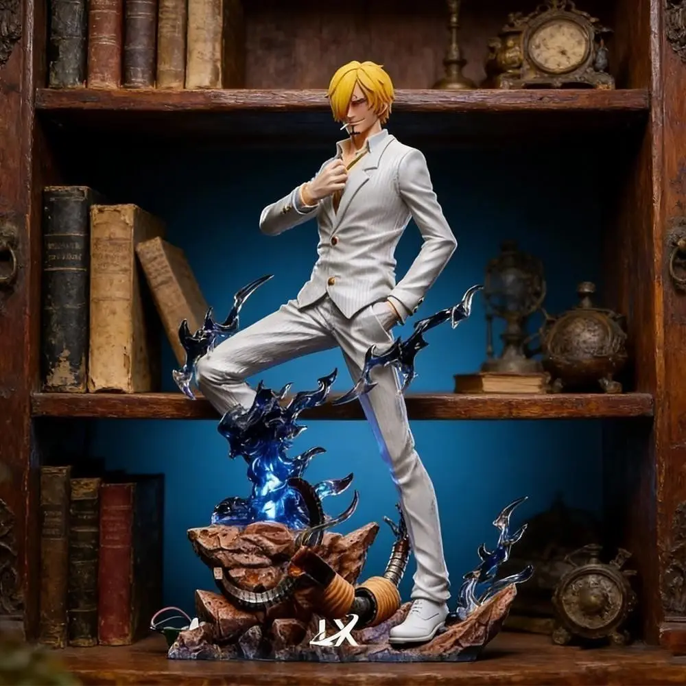 One Piece Sanji Figure, Black & White Suit Versions with Fire Effects，Sanji Collectible Figurine Statue, Diable Jambe Battle Pose with Base，Two Color Options with Special Effects，Collectible for Fans & Display