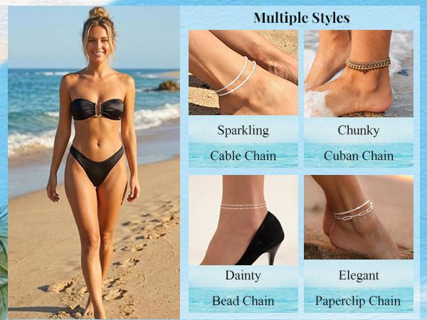 TEWIKY Dainty Layered Waterproof Anklet For Women Adjustable Womens Anklet Set Stackable Figaro Beaded Cuban Link Anklets Daily Clothing Decor For Beach Summer Trendy All-match & Exquisite Jewelry For Valentine's Day gifts