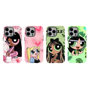 [No magnetic]  Powerpuff Girls Pink & Green Phone Cases,cartoon collage Aesthetic Dual-Layer design phone Cover,for iPhone 17 16 15 14 13 12 11 8 7 for Samsung Series,Durable Shockproof Protective hard Cover,perfect gift for her