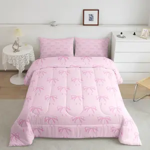 Pink Bowknot Comforter Set,Princess Pink Bow Bedding Set for Bedroom Room Decor,Romantic Bow Tie Comforter,Cute Bowknot Bed Set