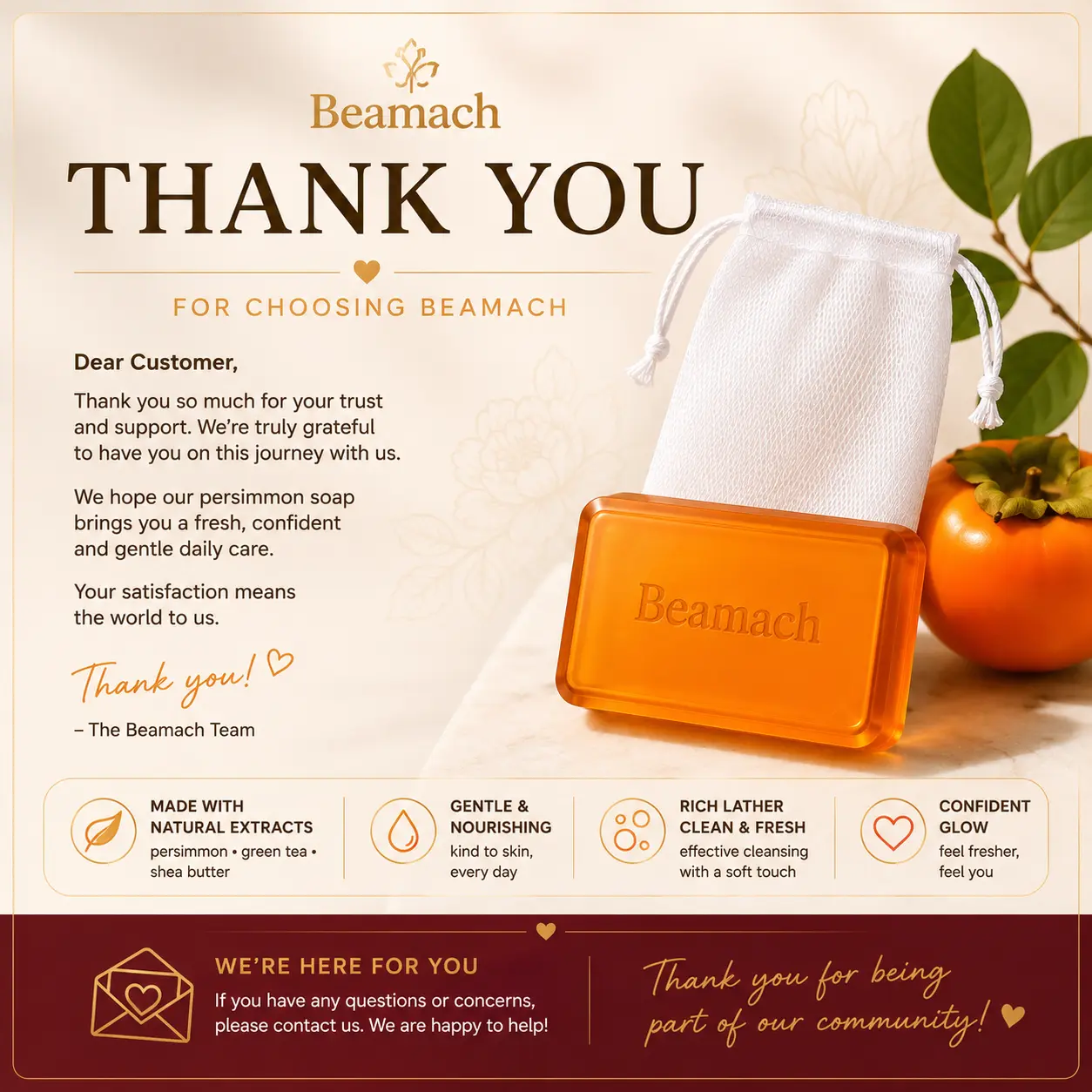 Beamach Persimmon Bar Soap, 1-Count Thank-You Letter Included