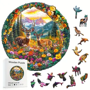 501 Colorful Forest Elk Wooden Box Jigsaw Puzzle Game, Handmade DIY Holiday Gift, Suitable for Home, Living Room, Office, Beginners