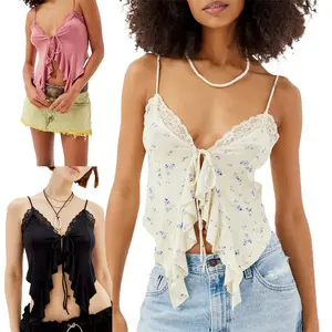 Women´s Summer Fitted Camisole Tops Sleeveless V Neck Irregular Ruffle Bustier Tops Tie Up Crop Tops