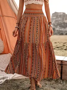 Elegant Bohemian Ethnic Boho Printed Ruched Waist Casual Women's Long Skirt, Spring Summer Fashion, Stylish Half-Sleeve Design, Perfect for Daily Wear