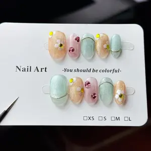 10pcs high-end Spring and summer dopamine-themed color schemes, hand-painted flowers, and dazzling cat eyes, Short Oval Shape, Glossy Finish, handmade fake nails