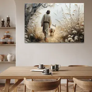 Jesus The Good Shepherd with Lamb Christian Art Religious Decor for Dining Room Home Jesus The Shepherd Leading Lamb Walking in Field Spiritual Guardian Wall Art Spiritual Guidance Ornaments Poster   wall decor  dopamine decor poster