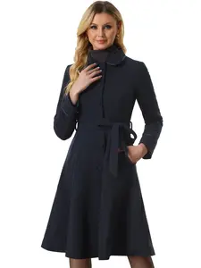 INSPIRE CHIC Women's Winter Coat Peter Pan Collar Notch Lapel Single Breasted Flared Mid-Long Peacoat