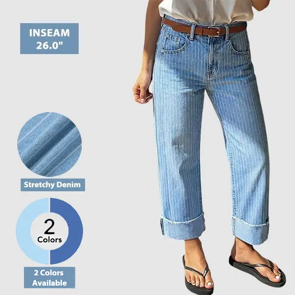 Flamingals Striped Roll Hem Seam Front Mid Rise Straight Leg Jeans Without Belt Stretchy 26.0'' Inseam