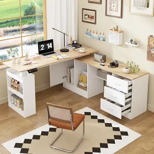 FUFU&GAGA Electric Standing Desk with Drawers and Shelves, Executive Desk Adjustable Height Desk, L-Shaped Design, 28.4-45.8”H Tabletop, for Office