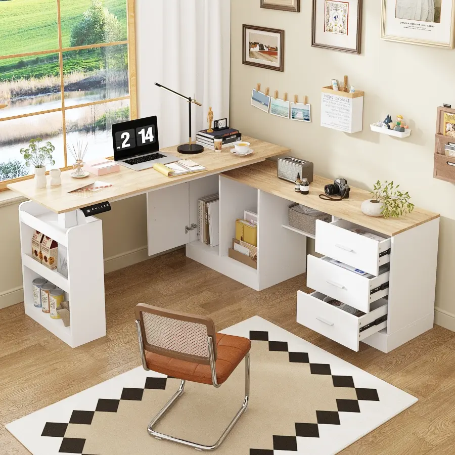 FUFU&GAGA Electric Standing Desk with Drawers and Shelves, Executive Desk Adjustable Height Desk, L-Shaped Design, 28.4-45.8”H Tabletop, for Office