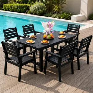 ARCH HDPE Outdoor Patio Dining Set with 6 Chairs and Table, Black Waterproof Adirondack Furniture for Garden Lawn Backyard Poolside, Weather Resistant Frame, Umbrella Hole, Seats 6, No Cushion, Black Color Options, HDPE Material, Color: Black