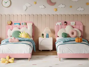Twin Upholstered Bed Frame with Pink Boucle Soft Cloud Headboard, 2-Piece Modern Indoor Furniture, No Box Spring Required, Easy Assembly