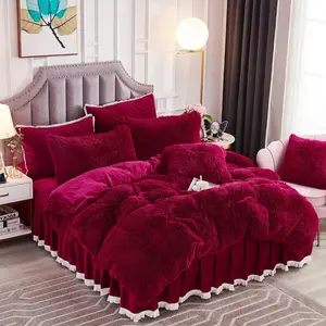 Luxury Long Faux Fur 3 PCS Bedding Set Shaggy Comforter Duvet Cover with Pillow Shams Ultra Soft Crystal Velvet Reverse (Queen, Burgundy)
