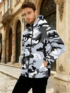 Men's jacket, gray-white camouflage men's jacket, outdoor windproof and waterproof hooded jacket, versatile casual functional style jacket