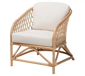 Patsy White Fabric and Natural Brown Rattan Armchair Patsy White Fabric and Natural Brown Rattan Armchair