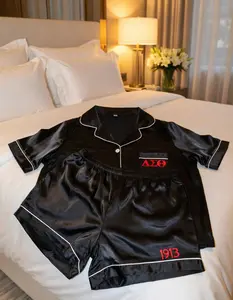 DST 1913 Black PRINT Satin Short Pajama Set, Sorority Club Short Pajamas, Matching Family Sleepwear Set, Pajama Set For Men Women Kids