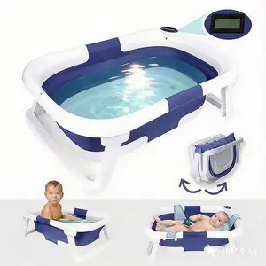 Foldable Baby Bath Tub with Built-in Thermometer 0-24 Months Portable Travel Tub for Infant Toddler with Drain Hole Safe Non-Toxic-4551