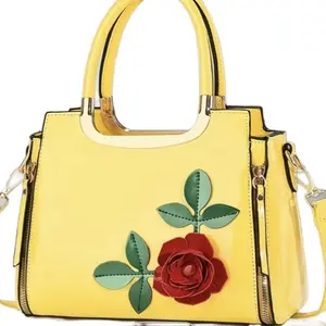 Women's Hand Cross Bag with Rose Embroidery Yellow Leather Tote for Everyday Use
