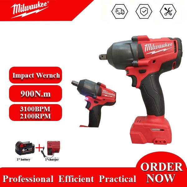 Milwaukee M18 Brushless Cordless 1/2" Impact Wrench - 900N.m Max Torque, 2100RPM No-Load Speed, 3100BPM Impact Rate, Tool Only or Kit with 1 Battery & Charger for Heavy Duty Automotive Repair and Maintenance