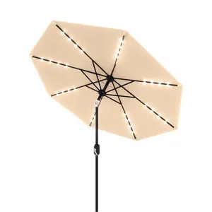 Tan 9FT Solar LED Patio Umbrella 40 Lights Crank Tilt UV Resistant Waterproof Polyester Canopy 8 Ribs for Garden Pool Beach Backyard Market