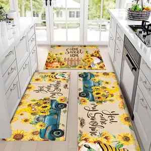 Kitchen Mat Set 2pcs/3pcs, Sunflower & Car Pattern, Absorbent Washable Mats, Spring Summer Home Decor, Ideal Gift for Households