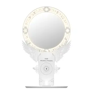 Domars Angel Wing LED Makeup Mirror with 15W Wireless Charging | 3-Level Dimming & Phone Stand Function Suitable gifts for girls' special occasions or birthdays 3-in-1