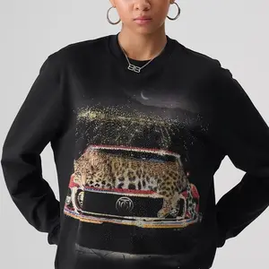 TCH—Light Luxury，Unisex Outfit, New Arrival Rhinestone Design Limo & Leopard Black Sweatshirt