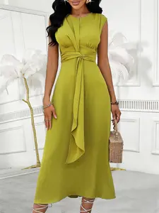 Women's Spring Summer Sleeveless Round Neck Dress, Elegance, Slim-Fitting A-Line, Geometric Pattern, Long Sleeve, Casual Commute Wear