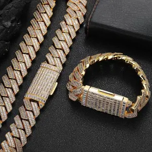 Men’s thick hip hop bracelet/necklace, 20 mm double-row T‑square zircon rhombus Cuban link chain (GLD), hip hop accessories