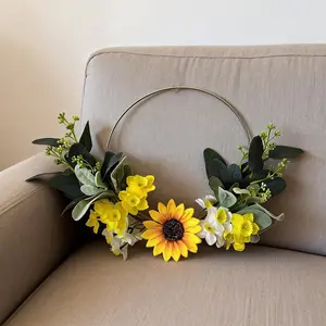 45cm/17.7in Daffodil Flower Wreath, Realistic Eucalyptus Bunny Ear Wreath, Easter and Party Decor for Home and Outdoors, Ideal for Doors and Windows, Faux Floral Garland