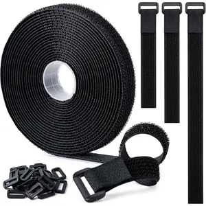 0.8" x16Ft Hook and Loop Straps with 25 Plastic Buckles, Adjustable Fastening Cable Straps, Free Cut Length, Reusable Nylon Cable Ties for Organizer or Storage, Black