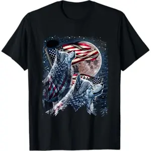 Summer t Shirts Wolf 4th of July American Flag Howling Wolves Under Moon T-Shirt
