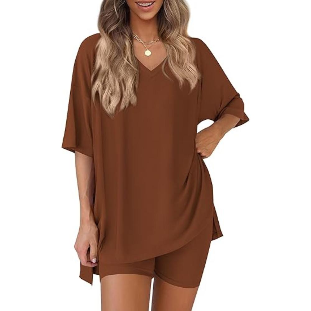 PrettyGarden V Neck 2 Piece Sets for Women Summer Lounge Short Set Spring Matching Biker Shorts Oversized Shirt Clothing#Summervibes#SwimWeek#DealsForYouDays
