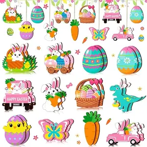 24 Pieces Easter Wooden Ornaments for Tree Happy Easter Egg Gnome Bunny Chick Cutouts Wood Hanging Ornament Spring Easter Wooden Slice Decorations for Party Home Classroom Decor, 12 Styles(Rabbit)