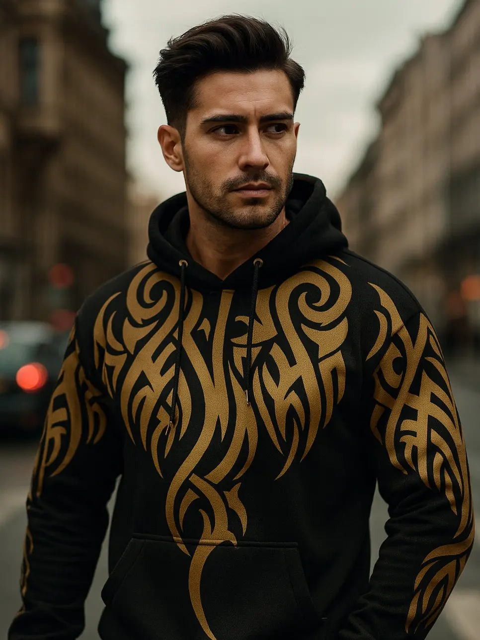 Gold Phoenix Tribal Hoodie All-Over Print Black & Gold Statement Streetwear for Power Moves Travel Days and Concerts Bold Design Cozy Everyday Style