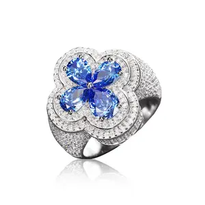 【#R37】925 Sterling Silver Lucky Clover Cross Ring With Pink Blue Water Drop Stone Iced Out Couple Rings for Women Men Hip Hop Gifts