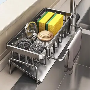 Stainless Steel Sink Caddy Organizer with Drain Tray, Rustproof Sponge Holder for Kitchen Sink, Space Saving Brush & Soap Holder