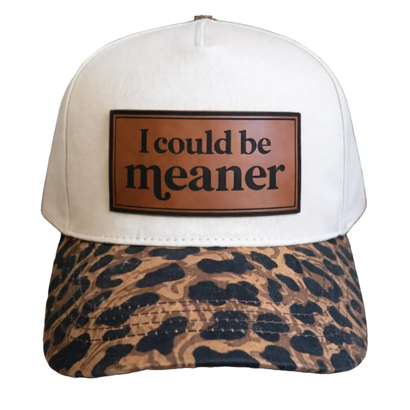 I Could Be Meaner Western Trucker Hat - Leopard Print- Adjustable Snapback with Engraved Patch - Lightweight & Breathable Mesh Back - Perfect for Rodeos & Everyday Wear