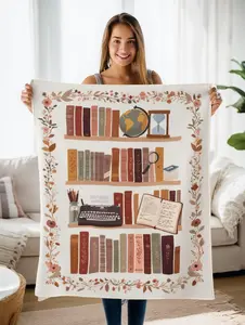 Vintage Bookshelf Illustration Velveteen Plush Flannel Blanket Cozy Reading Decor 100% Polyester Medium Heavyweight High Detail Print Double Needle Stitching