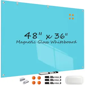 Glass White Board, 48x36 Inches  Glass Dry Erase Board, Large Whiteboard for Wall Office School Classroom , 3x2  Blue Dry Erase Board Wall Mounted